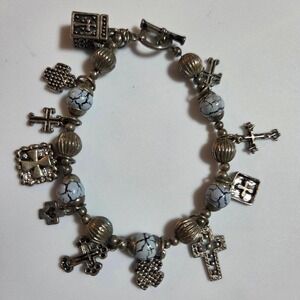 Silver Tone Cross Charm Bracelet 7.5" Crackle Beads Religious Christian Toggle